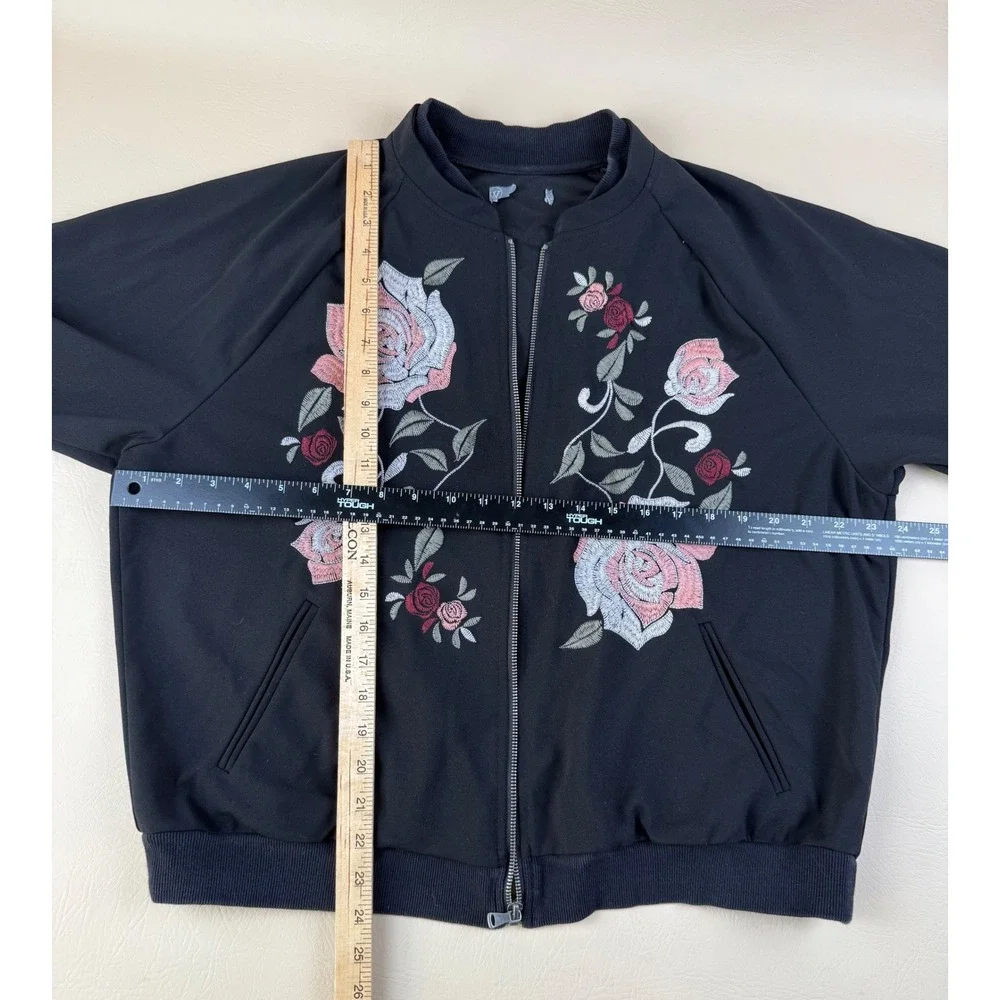 Floral Boho‎ Bomber Jacket Rose Embroidered Black Zip Up L Worthington